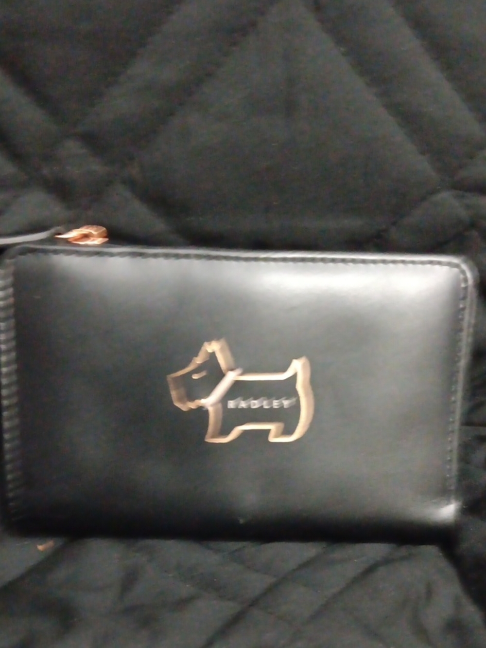Black Leather Radley Zip Wallet with Gold Dog Logo